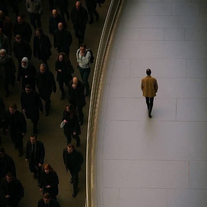 A lone person in a golden coat walks against a crowd — the embodiment of the 1%